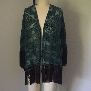 Teal black lace fringe shawl wrap